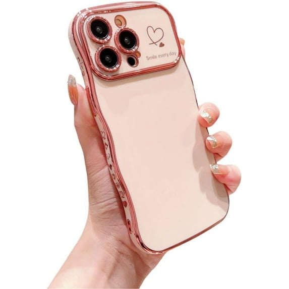 Designed for iPhone Case,Luxury Electroplated Water Wave Frame Large View Camera Lens Protection Shockproof Protective Cover Phone Case (iPhone 15 Pro Max,Beige)