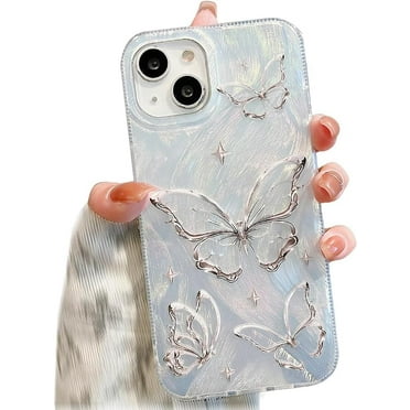 Designed for iPhone Case,Luxury Feather Pattern Electroplated Butterfly Camera Lens Protection Shockproof Protective Cover Phone Case (iPhone 15 Plus,White)