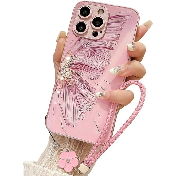 Designed for iPhone Case,Luxury Glitter Bling Butterfly Pattern Tempered Glass Back Camera Lens Protection Shockproof Cover Phone Case (iPhone 12 Pro Max,PInk)