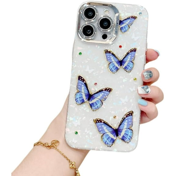 Designed for iPhone Case,Luxury Glitter Butterfly Pearl Pattern Kickstand Camera Lens Protection Full Body Shockproof Cover Phone Case (iPhone 13 Pro,White)
