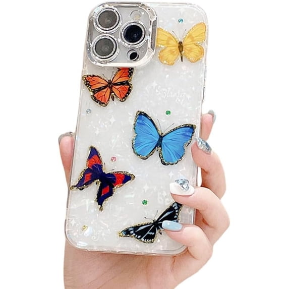 Designed for iPhone Case,Luxury Glitter Butterfly Pearl Pattern Kickstand Camera Lens Protection Full Body Shockproof Cover Phone Case (iPhone 14 Plus,Colour)