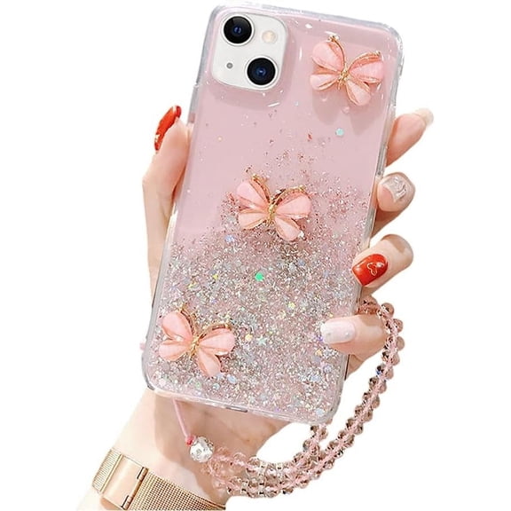 Designed for iPhone Case,Luxury Glitter Sparkle Sparkly Bling 3D Butterfly with Pearl Hand Bracelet Shockproof Protective Cover Phone Case (iPhone 12,Pink)