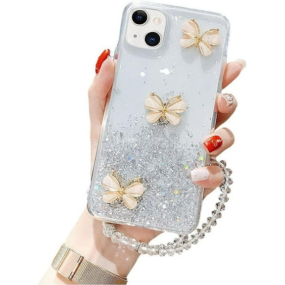 Designed for iPhone Case,Luxury Glitter Sparkle Sparkly Bling 3D Butterfly with Pearl Hand Bracelet Shockproof Protective Cover Phone Case (iPhone 12 Pro Max,White)