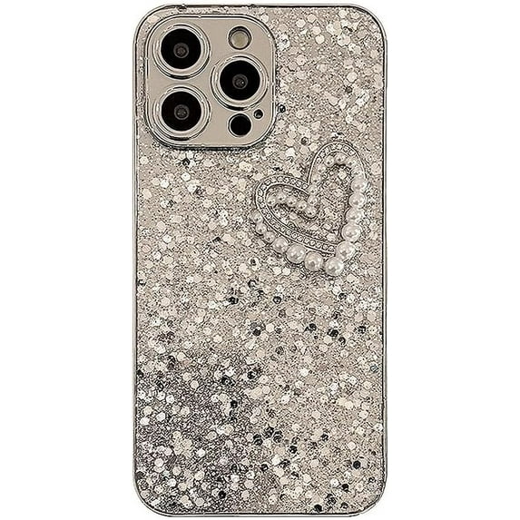 Designed for iPhone Case,Luxury Glitter Sparkle Sparkly Bling 3D Love Heart Camera Lens Protection Shockproof Protective Cover Phone Case (iPhone 14,Silver)
