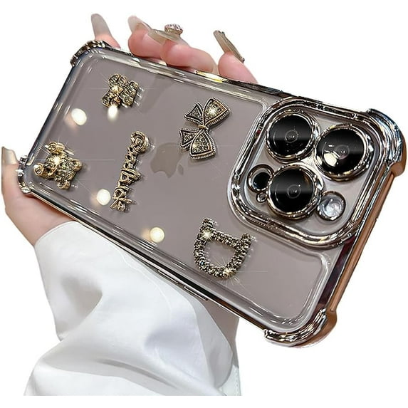 Designed for iPhone Case,Luxury Glitter Sparkle Sparkly Rhinestone Bear Lucky Bow Clear Camera Lens Protection Shockproof Protective Cover Phone Case (iPhone 12,Grey)