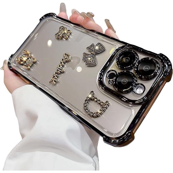 Designed for iPhone Case,Luxury Glitter Sparkle Sparkly Rhinestone Bear Lucky Bow Clear Camera Lens Protection Shockproof Protective Cover Phone Case (iPhone 12,Black)
