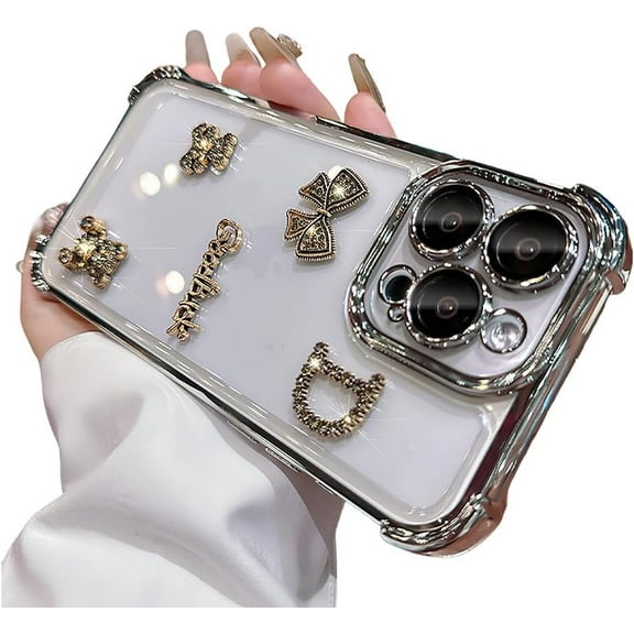 Designed for iPhone Case,Luxury Glitter Sparkle Sparkly Rhinestone Bear Lucky Bow Clear Camera Lens Protection Shockproof Protective Cover Phone Case (iPhone 12 Pro,Silver)