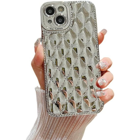 Designed for iPhone Case,Luxury Rhombus Glitter Sparkle Sparkly Bling Camera Lens Protection Shockproof Protective Cover Phone Case (iPhone 14 Pro Max,Silver)