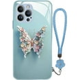 thumbnail image 1 of Designed for iPhone Case,Luxury Tempered Glass Butterfly Pattern Camera Lens Protection with Hand Wrist Shockproof Protective Cover Phone Case (Blue,iPhone 12 Pro Max), 1 of 6