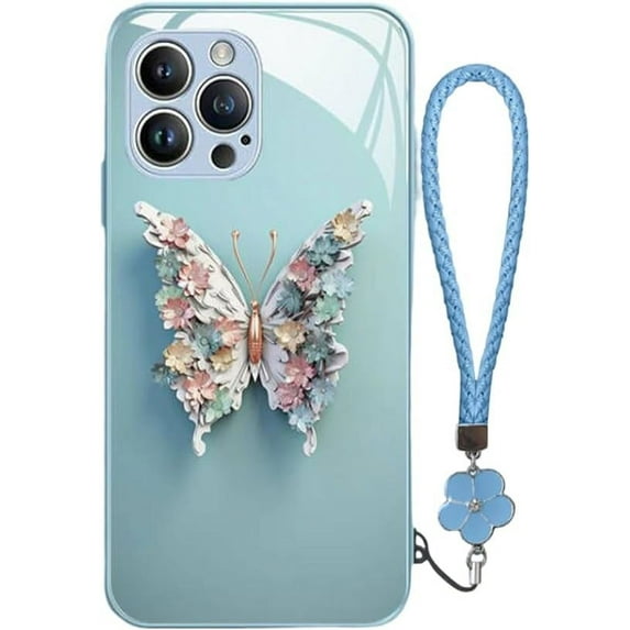 Designed for iPhone Case,Luxury Tempered Glass Butterfly Pattern Camera Lens Protection with Hand Wrist Shockproof Protective Cover Phone Case (Blue,iPhone 14 Pro)