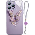 thumbnail image 1 of Designed for iPhone Case,Luxury Tempered Glass Butterfly Pattern Camera Lens Protection with Hand Wrist Shockproof Protective Cover Phone Case (Lavender,iPhone 13 Pro), 1 of 6