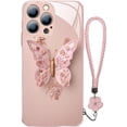 thumbnail image 1 of Designed for iPhone Case,Luxury Tempered Glass Butterfly Pattern Camera Lens Protection with Hand Wrist Shockproof Protective Cover Phone Case (Pink,iPhone 15 Plus), 1 of 5