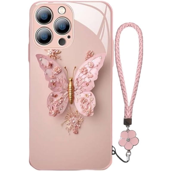Designed for iPhone Case,Luxury Tempered Glass Butterfly Pattern Camera Lens Protection with Hand Wrist Shockproof Protective Cover Phone Case (Pink,iPhone 15 Plus)
