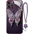 thumbnail image 1 of Designed for iPhone Case,Luxury Tempered Glass Butterfly Pattern Camera Lens Protection with Hand Wrist Shockproof Protective Cover Phone Case (Purple,iPhone 15), 1 of 6