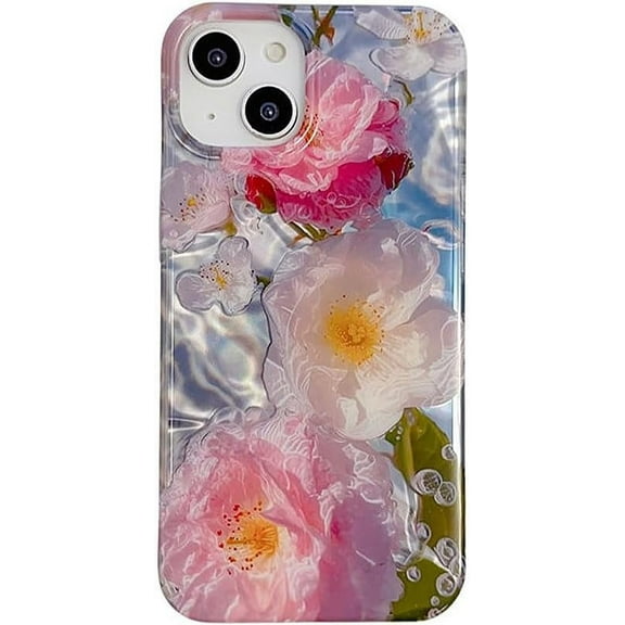 Designed for iPhone Case,Oil Painting Flower Floral Water Ripple Pattern Camera Lens Protection Shockproof Protective Cover Phone Case (Pink,iPhone 15 Pro)