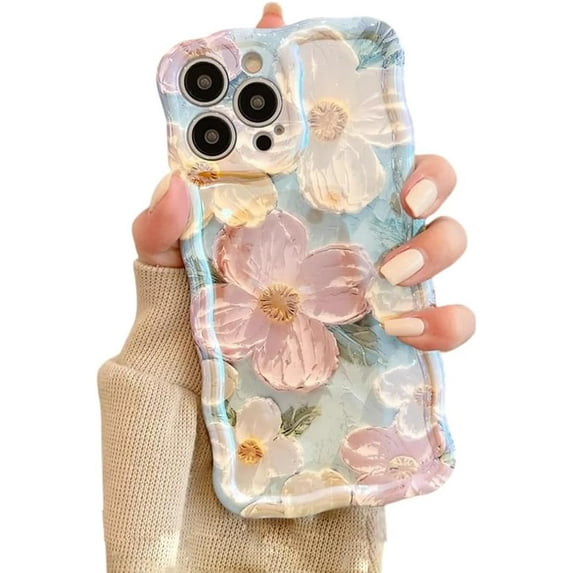 Designed for iPhone Case,Retro Oil Painting Blu-ray Flower Floral Pattern Camera Lens Protection Shockproof Protective Cover Phone Case (Green,iPhone 15 Pro Max)