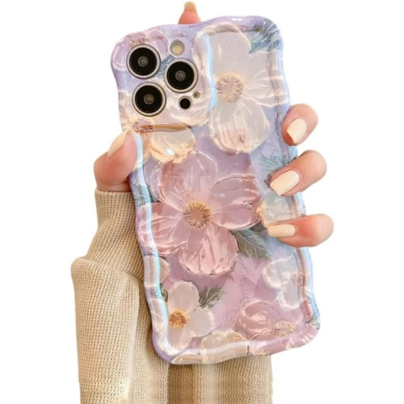 Designed for iPhone Case,Retro Oil Painting Blu-ray Flower Floral Pattern Camera Lens Protection Shockproof Protective Cover Phone Case (Purple,iPhone 13 Pro)
