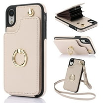 Designed for iPhone XR Case Wallet with Card Holder for Women Girls, Crossbody Case with Lanyard Strap, Protective PU Leather Purse Case with Ring Holder Stand for iPhone XR - Apricot