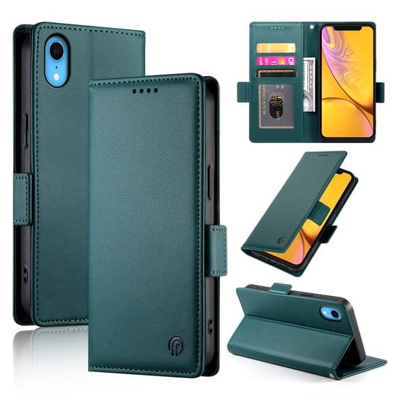 Designed for iPhone XR Wallet Case, with Card Slots Strong Magnetic Closure PU Leather Flip Fold Shockproof Kickstand Durable Purse Flip Case for iPhone XR - Darkgreen