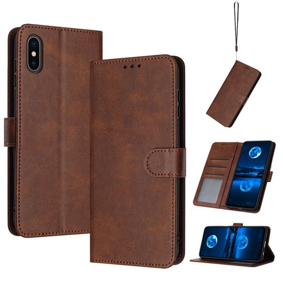 Designed for iPhone XS/X Case Wallet, Men Women Flip Folio Cover with PU Leather Stand Credit Card Holders Slots Wrist Strap Soft TPU Inner Phone Case for iPhone XS/X, Brown
