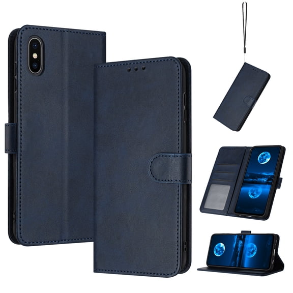 Designed for iPhone XS/X Case Wallet, Men Women Flip Folio Cover with PU Leather Stand Credit Card Holders Slots Wrist Strap Soft TPU Inner Phone Case for iPhone XS/X, Darkblue