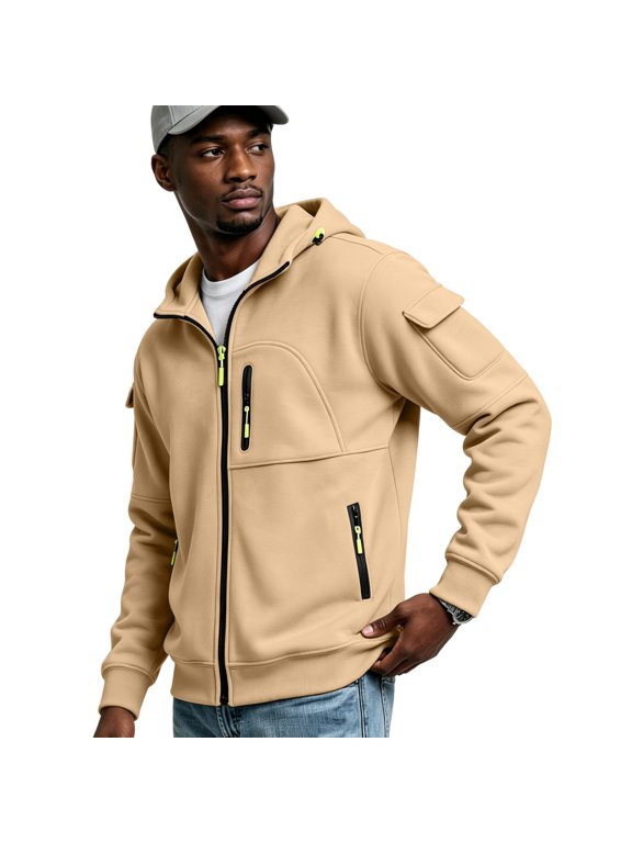 Designed with Men's Utility Cargo Jacket Hooded Zip Up Workwear Outerwear with Multi Pocket Casual Style