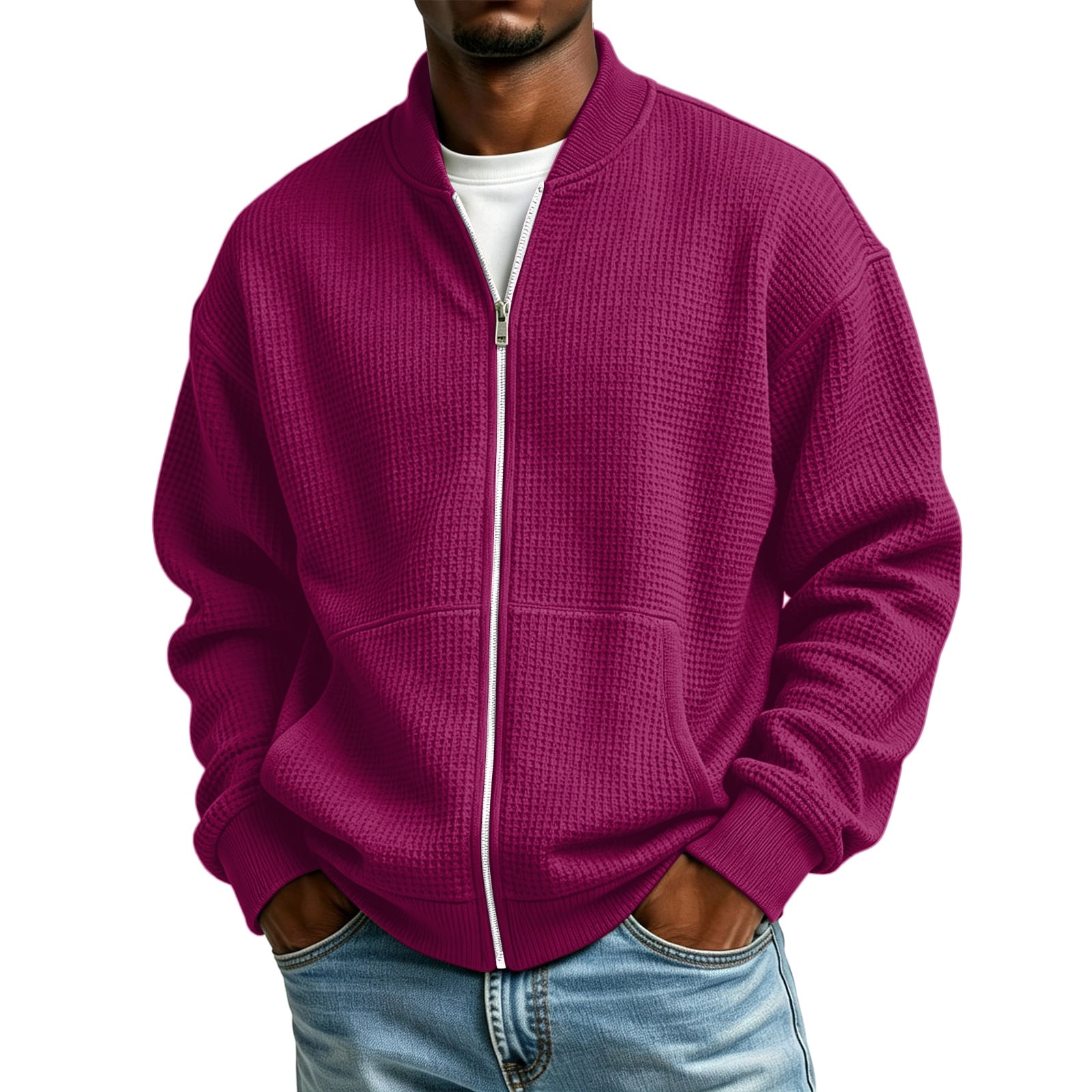 Designed with Men's Zip Up Jacket Waffle Texture Long Sleeves Ribbed ...