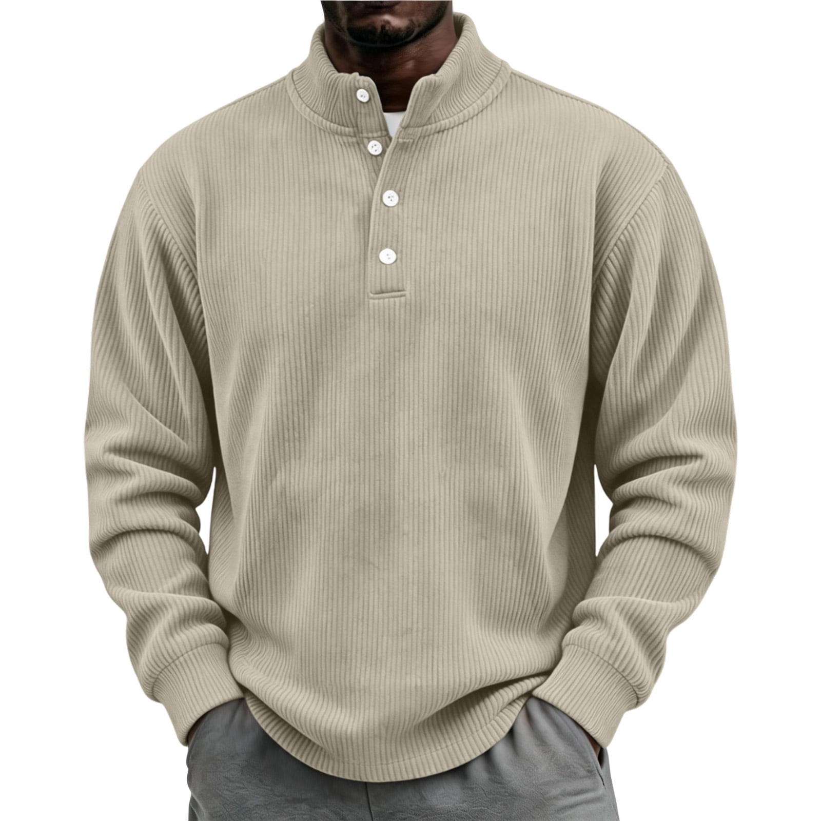 Designed with Stand Collar Henley Men's Corduroy Shirt Long Sleeve ...
