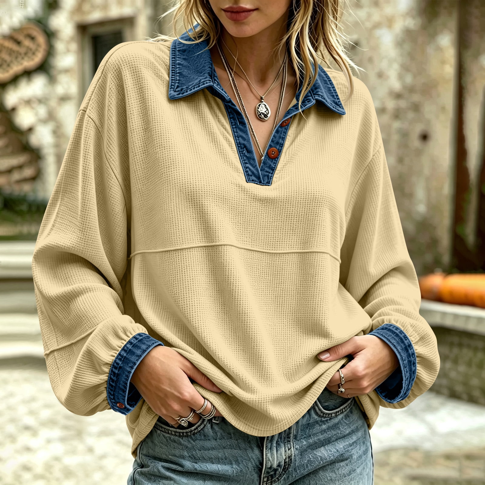 Spring Pullover Designed with Women's Henley Shirts Long Sleeve V Neck Tops Casual ...