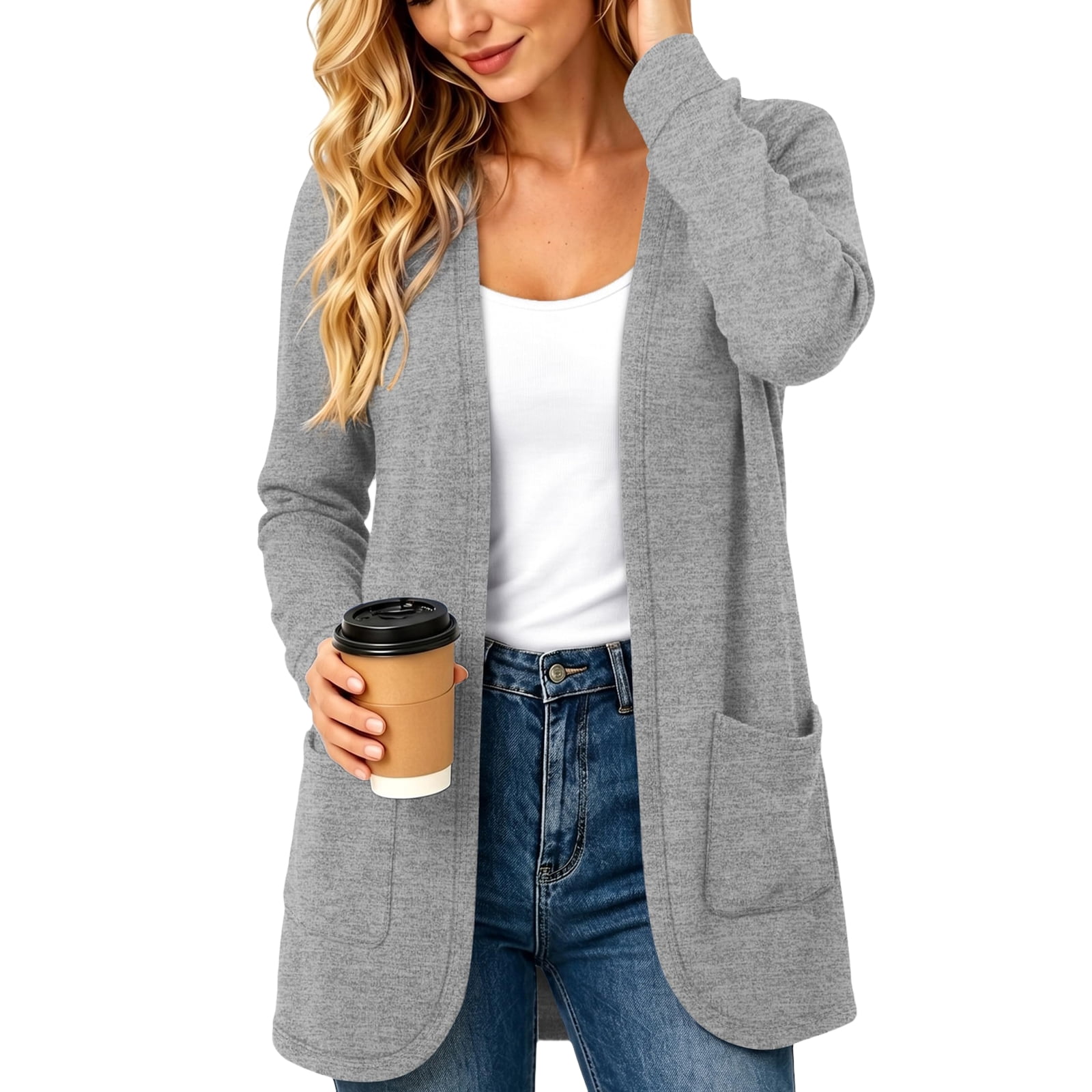 Open Wear Designed with Women's Long Sleeve Cardigan Open Front Pockets Solid ...