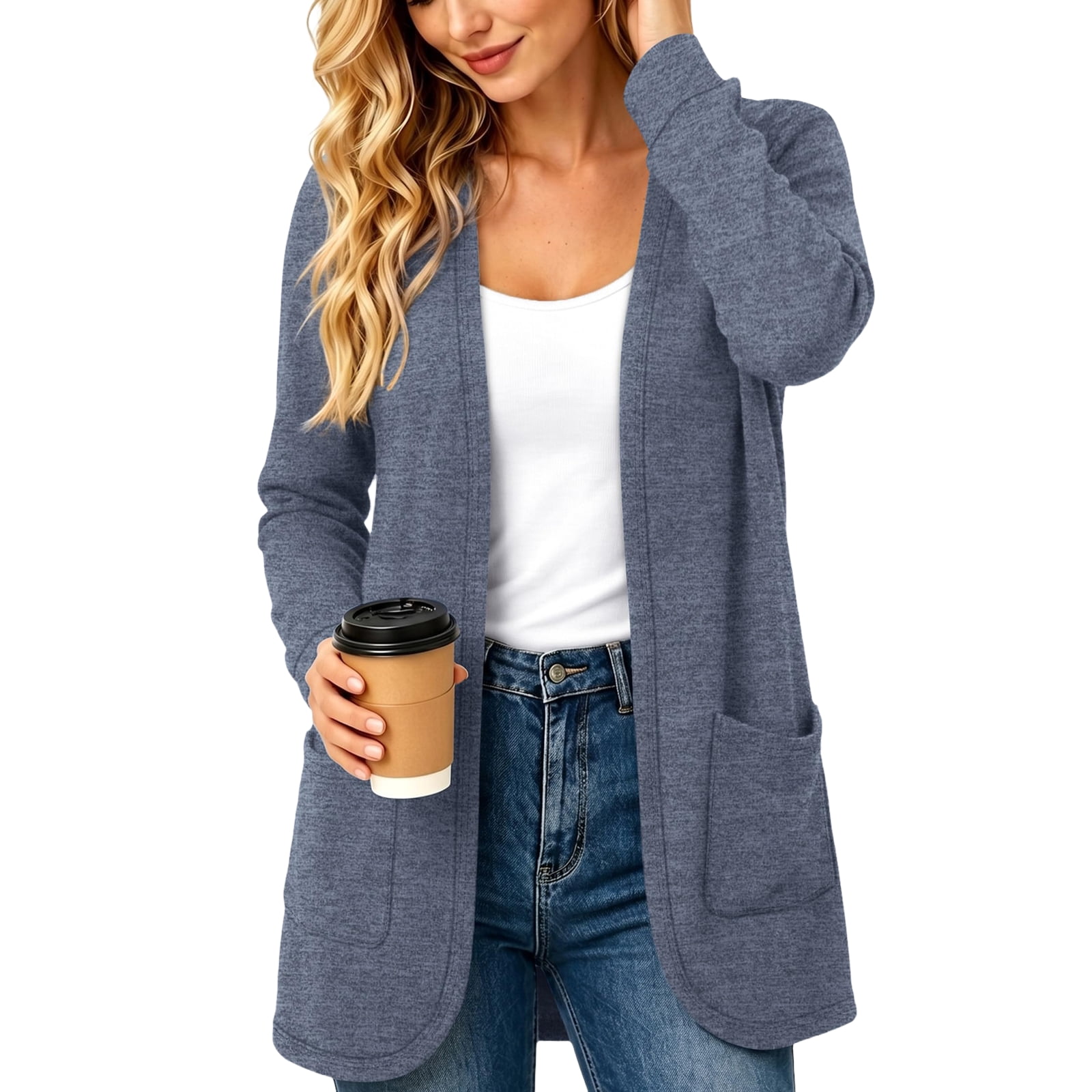 Open Wear Designed with Women's Open Front Cardigan Long Sleeves Pockets Solid ...
