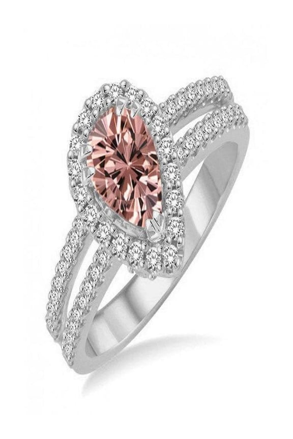 Designer 1.50 Carat Pear cut Morganite and Diamond Halo Engagement Ring in 14k White Gold morganite and diamond engagement ring