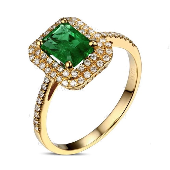Designer 1.75 Carat Green Emerald 7x5mm Emerald Cut Moissanite Diamond Double Halo Engagement Ring in 10k Yellow Gold
