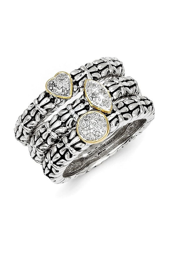 Designer 14K/Silver Two-Tone Sterling Silver With 14K Diamond 3 Stackable Rings (Length=0.00) (Width=0.00) Made In Thailand