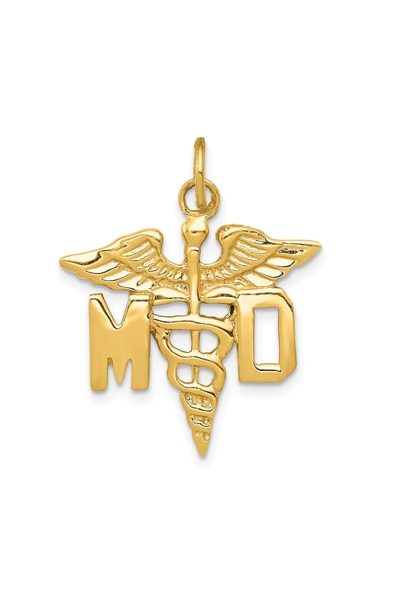 Designer 14K Yellow Gold Large M.D. Caduceus Charm (Length=29) (Width=23) Made In United States -Jewelry By Sweet Pea Creations