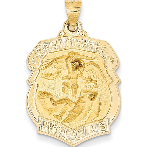 Designer 14K Yellow Gold Polished And Satin St. Michael Badge Medal Pendant (Length=28) (Width=21) Made In United States