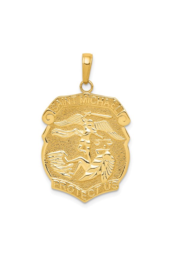 14K Yellow Gold Polished Solid Large Saint Michael Protect Us Medal Badge Pendant