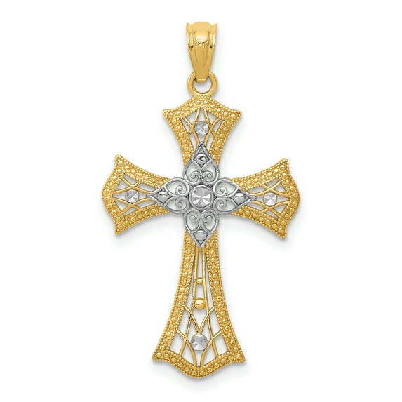 Designer 14K Yellow & Rhodium Diamond-Cut Cross Pendant (Length=28) (Width=18) Made In United States -Jewelry By Sweet Pea Creations