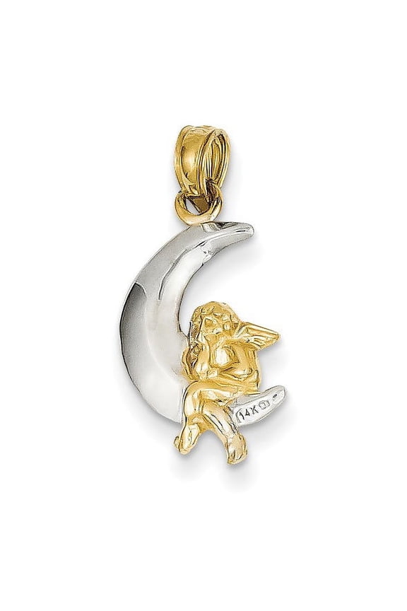 Designer 14K Yellow & Rhodium Polished Moon With Angel Pendant (Length=17) (Width=11) Made In Peru -Jewelry By Sweet Pea Creations