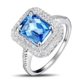 thumbnail image 1 of Designer 2 Carat 7x5mm Emerald Cut Blue Sapphire Moissanite Diamond Double Halo Engagement Ring in 10k White Gold for Women, 1 of 5