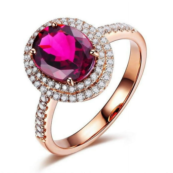 Designer 2 Carat 8x6mm Oval Shape Red Ruby And Moissanite Diamond Double Halo Engagement Ring in 10k Rose Gold