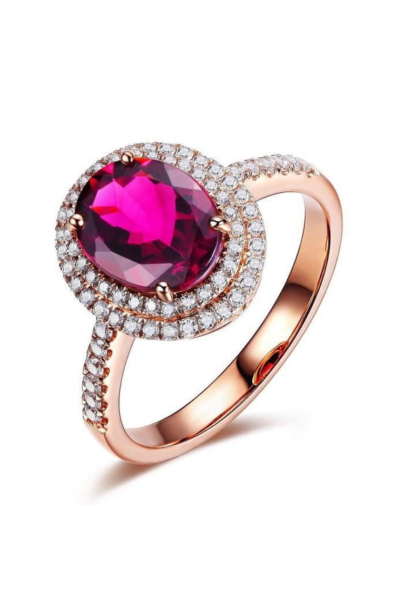 Designer 2 Carat 8x6mm Oval Shape Red Ruby And Moissanite Diamond Double Halo Engagement Ring in 10k Rose Gold
