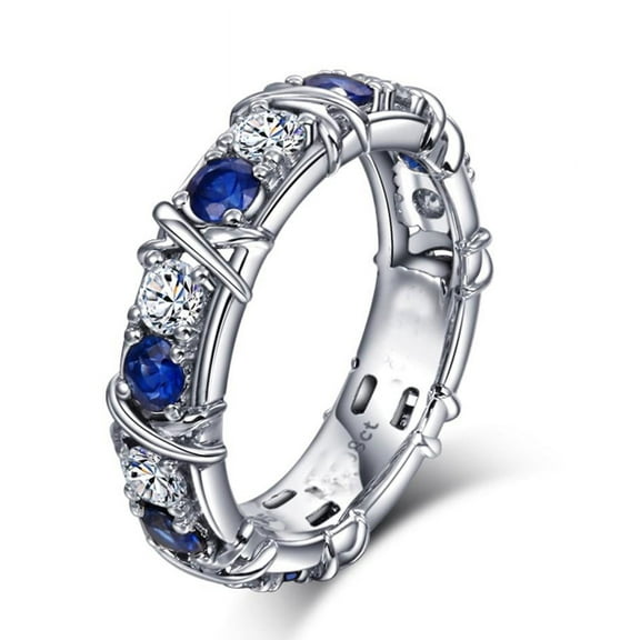 Designer 2 Carat alternating Moissanite Diamond And Blue Sapphire Wedding Ring Band in 10k White Gold