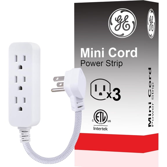Designer 3-Outlet Power Strip, 1 Ft Braided Extension Cord, 3 Grounded Outlets, Flat Plug, Mini Cord, Premium, White, 45190