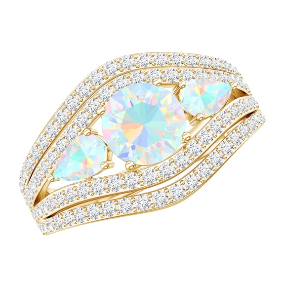 Rosec Jewels Real Ethiopian Opal 3 Stone Engagement Ring for Women - Statement Ring - AAA Quality - with Jewelry Box, 10K Yellow Gold, US 4.00