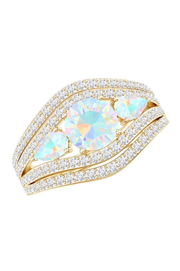 Real Ethiopian Opal 3 Stone Engagement Ring for Women - Statement Ring - AAA Quality - with Jewelry Box, 10K Yellow Gold, US 7.00