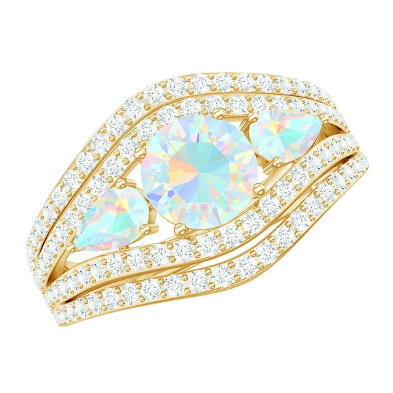 Rosec Jewels Real Ethiopian Opal 3 Stone Engagement Ring for Women - Statement Ring - AAA Quality - with Jewelry Box, 10K Yellow Gold, US 9.50