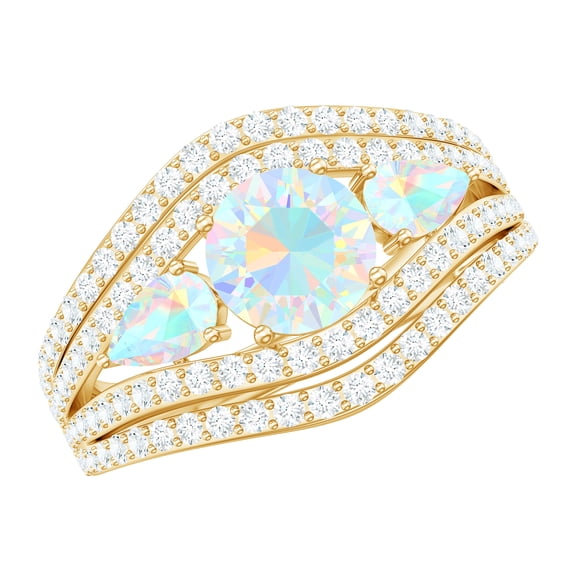 Rosec Jewels Real Ethiopian Opal 3 Stone Engagement Ring for Women - Statement Ring - AAA Quality - with Jewelry Box, 18K Yellow Gold, US 7.00