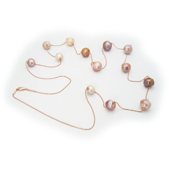 Designer .925 Sterling Silver Sliding Freshwater Cultured Multicolor Pearls Necklace Rose Dipped