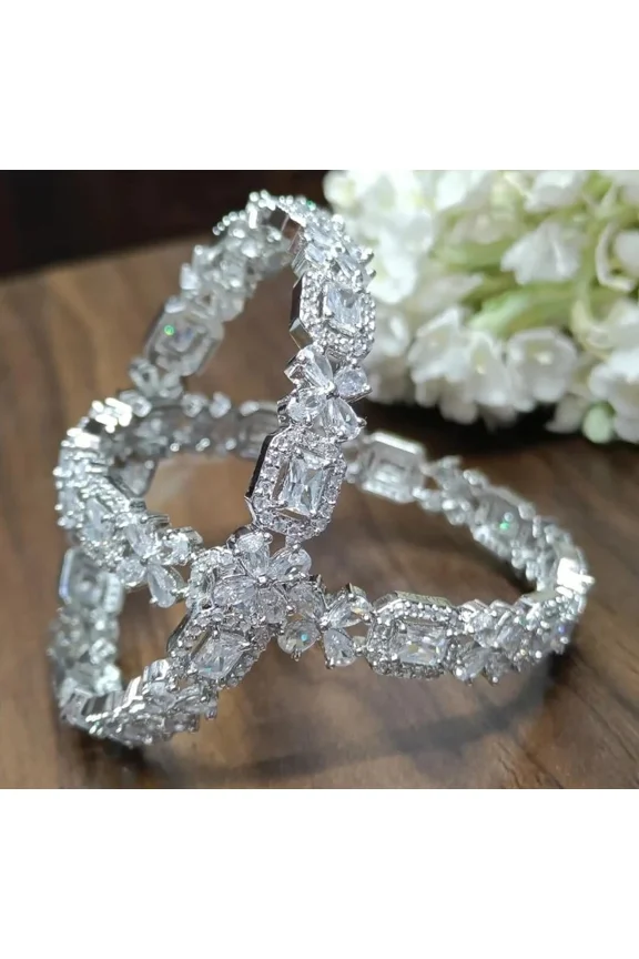 Designer AD CZ Indian Ethnic Wedding Silver Plated Bollywood Bridal 2'6 Bangles